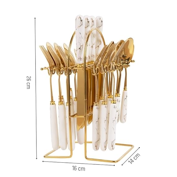 Golden spoon and fork set with stand