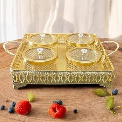 Luxury Gold Metal Storage Jar Set with Decorative Tray – Elegant Diamond-Cut Design