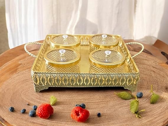 Luxury Gold Metal Storage Jar Set with Decorative Tray – Elegant Diamond-Cut Design