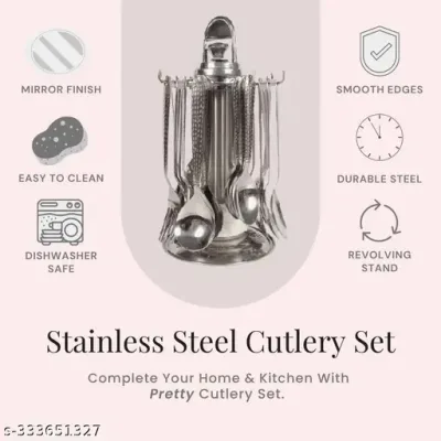 Silver spoon and fork set with stand